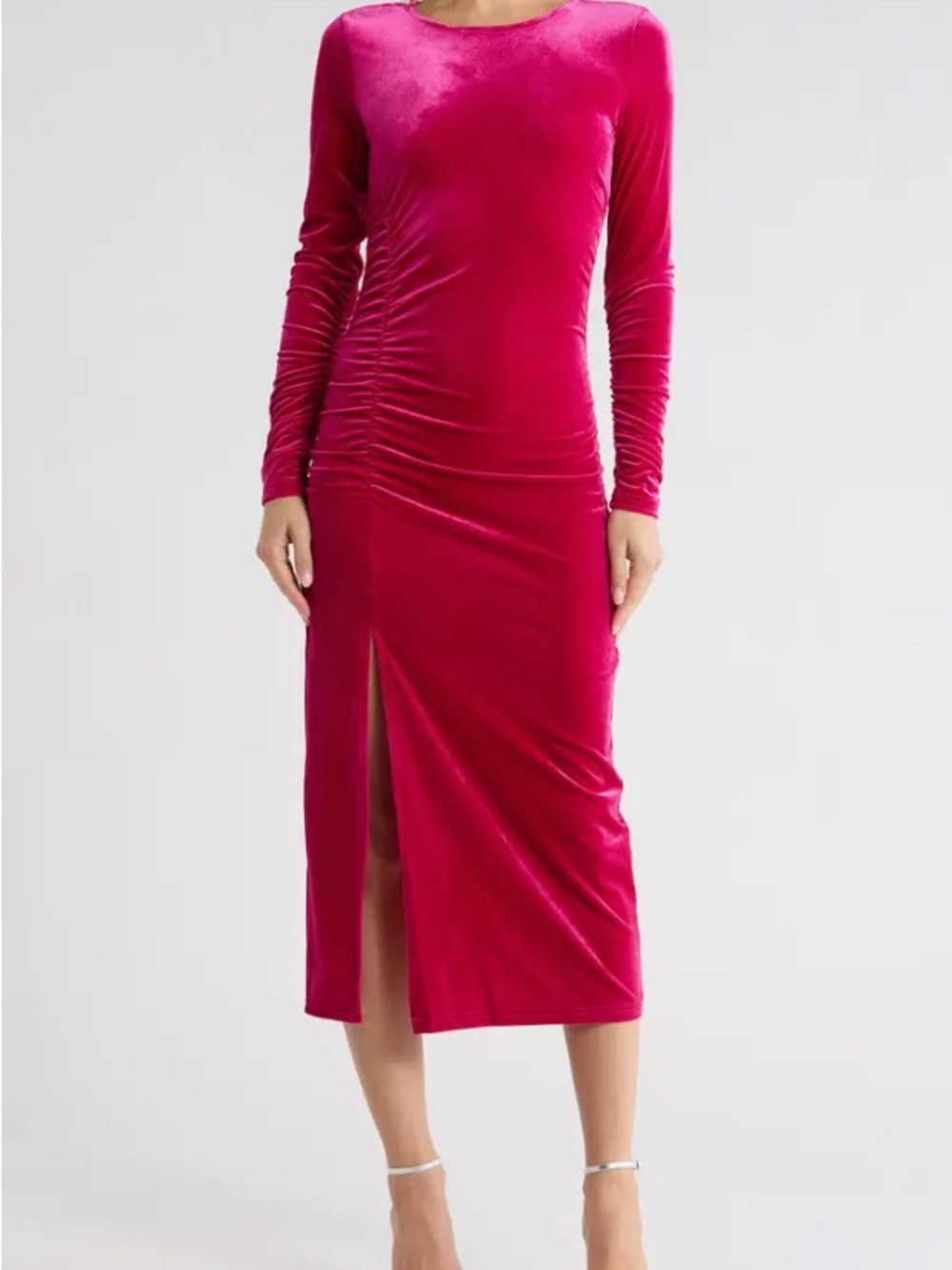 Sam Edelman Fuchsia Velvet Long-Sleeve Midi Dress with Front Slit